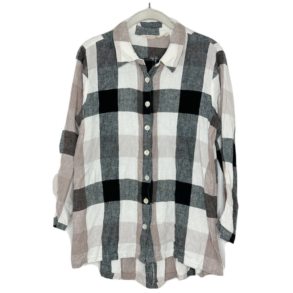 Soft Surroundings Shirt Womens Medium Beige Black Plaid Linen Blend Back Zip